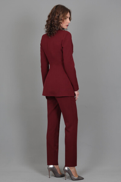 Blazer Jacket & Wide Leg Pants Suit - Burgundy - 20