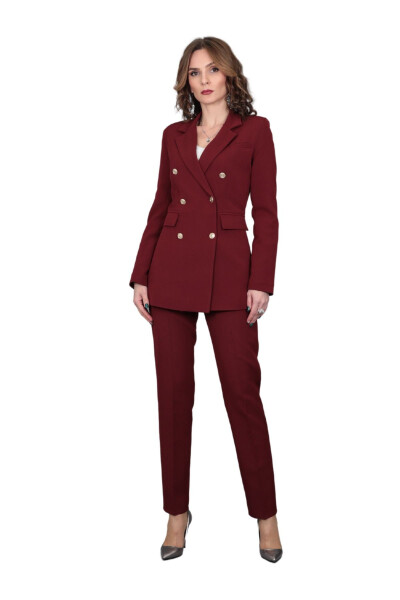 Blazer Jacket & Wide Leg Pants Suit - Burgundy - 11