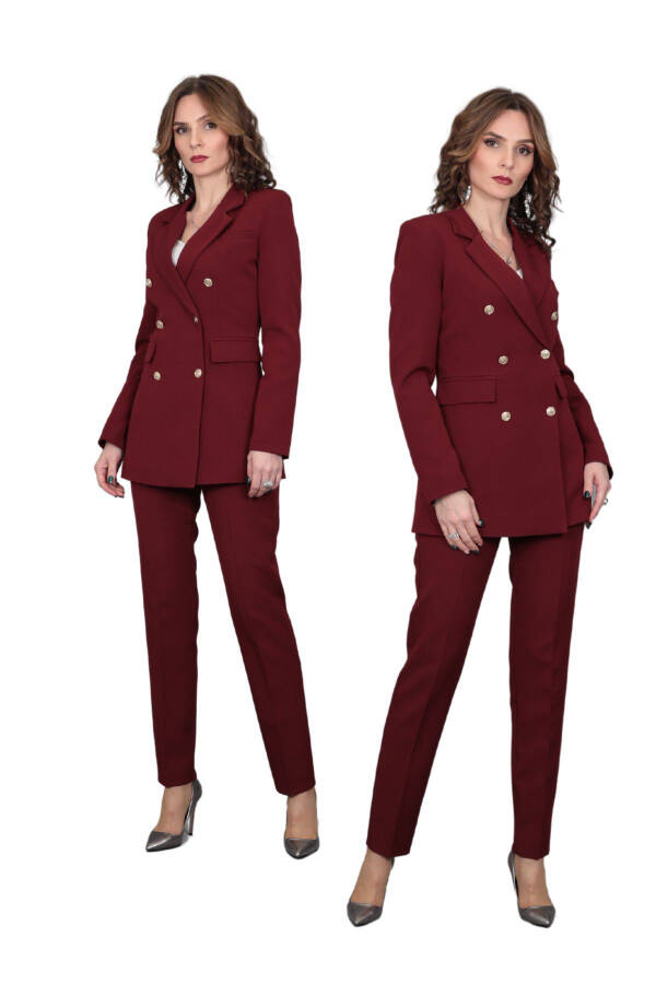 Blazer Jacket & Wide Leg Pants Suit - Burgundy - 12