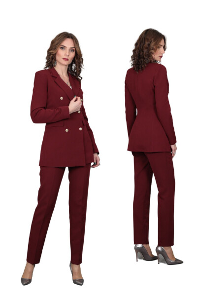 Blazer Jacket & Wide Leg Pants Suit - Burgundy - 13