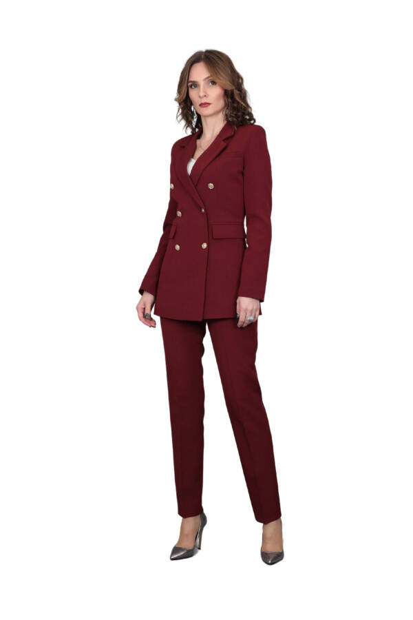 Blazer Jacket & Wide Leg Pants Suit - Burgundy - 14