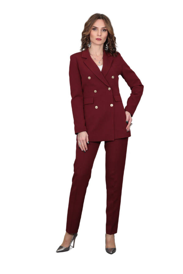 Blazer Jacket & Wide Leg Pants Suit - Burgundy - 15