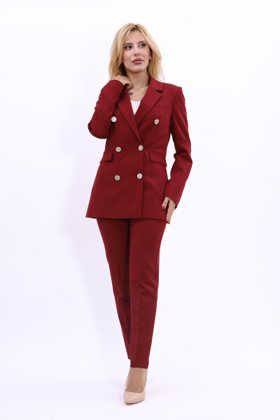 Blazer Jacket & Wide Leg Pants Suit - Burgundy - 6