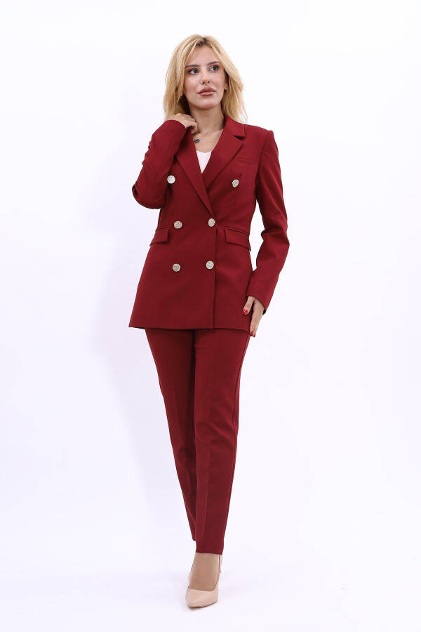 Blazer Jacket & Wide Leg Pants Suit - Burgundy - 1