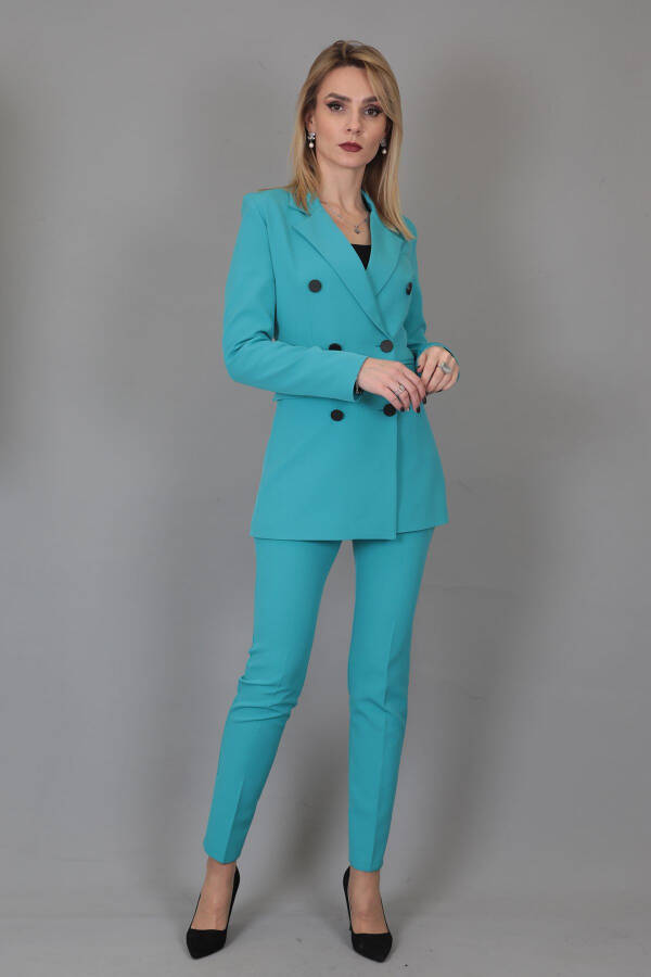 Blazer Jacket & Wide Leg Pants Suit - Turquoise - 19