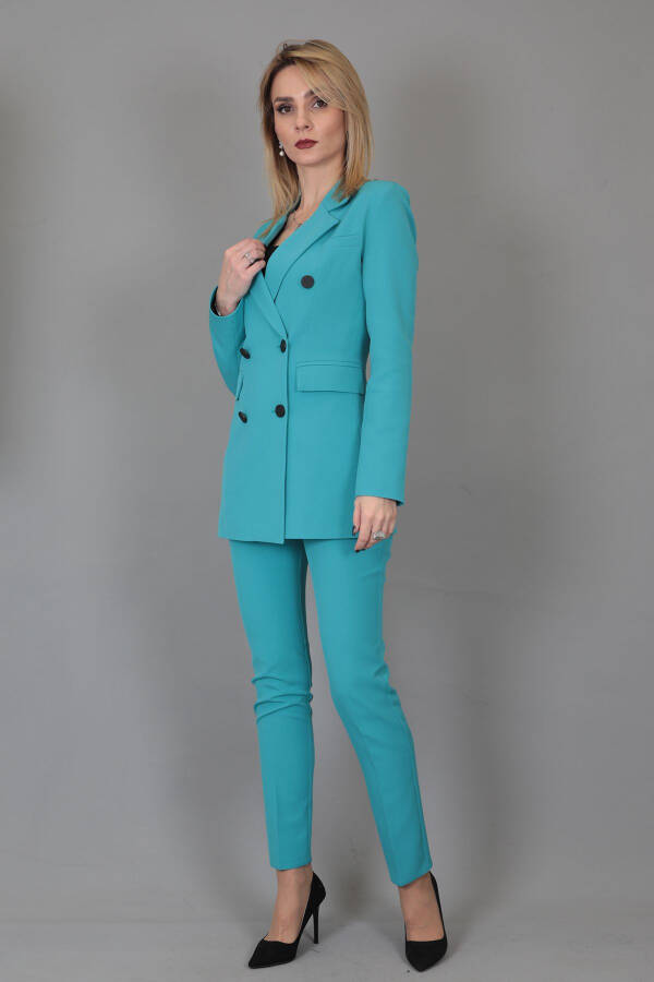 Blazer Jacket & Wide Leg Pants Suit - Turquoise - 21