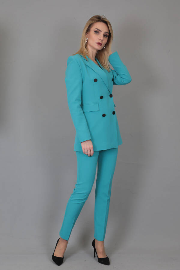 Blazer Jacket & Wide Leg Pants Suit - Turquoise - 23