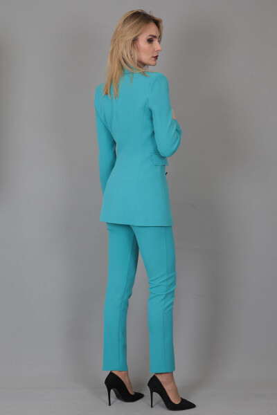 Blazer Jacket & Wide Leg Pants Suit - Turquoise - 25