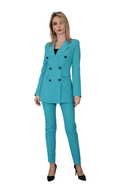 Blazer Jacket & Wide Leg Pants Suit - Turquoise - 13