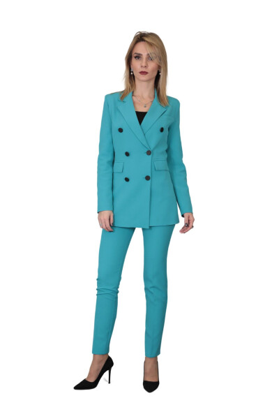 Blazer Jacket & Wide Leg Pants Suit - Turquoise - 14