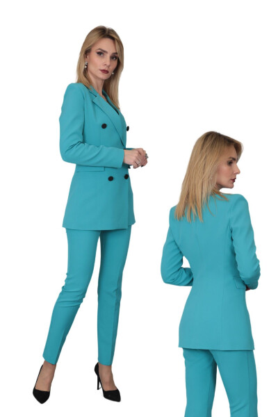 Blazer Jacket & Wide Leg Pants Suit - Turquoise - 15