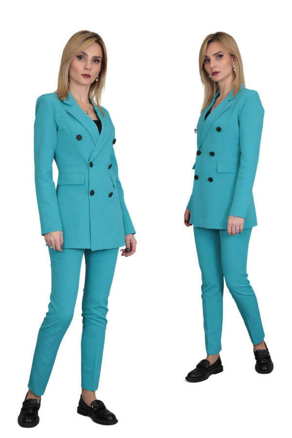 Blazer Jacket & Wide Leg Pants Suit - Turquoise - 16