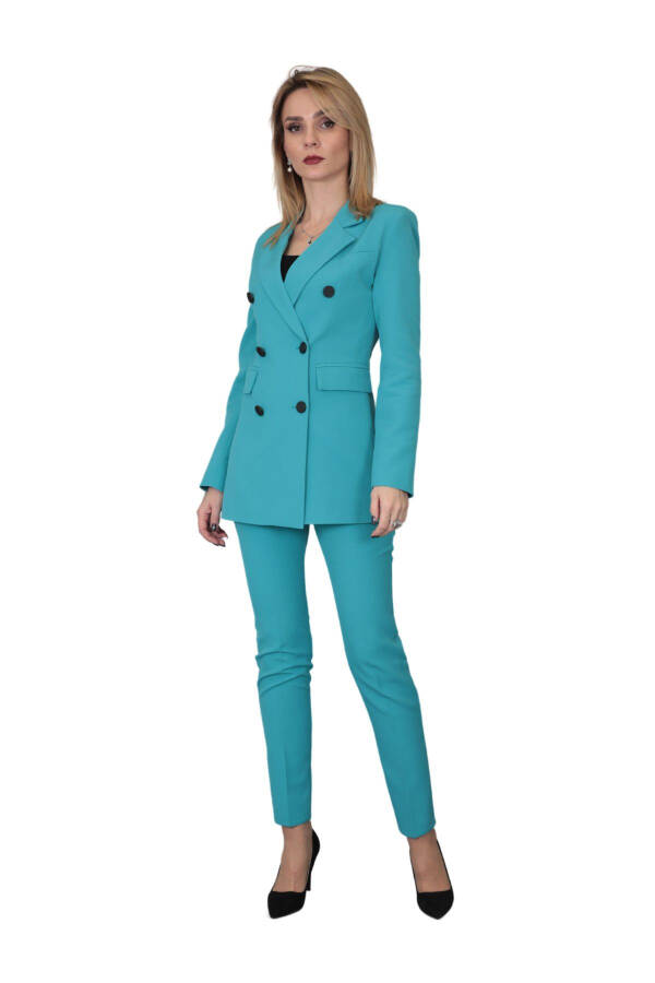 Blazer Jacket & Wide Leg Pants Suit - Turquoise - 17