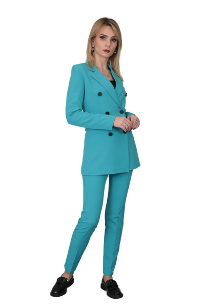 Blazer Jacket & Wide Leg Pants Suit - Turquoise - 18