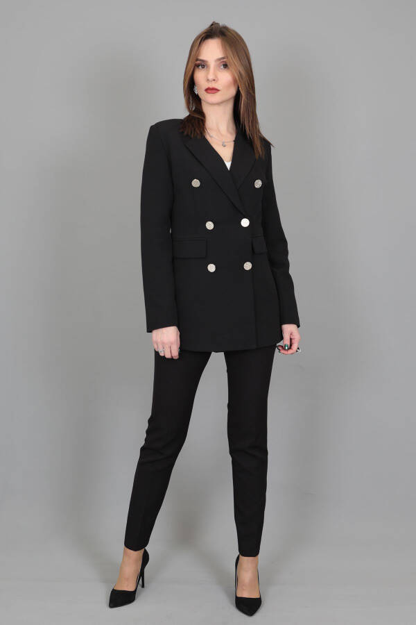 Blazer Jacket & Wide Leg Trousers Suit - Black - 18