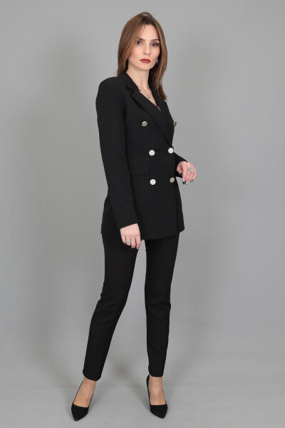 Blazer Jacket & Wide Leg Trousers Suit - Black - 19