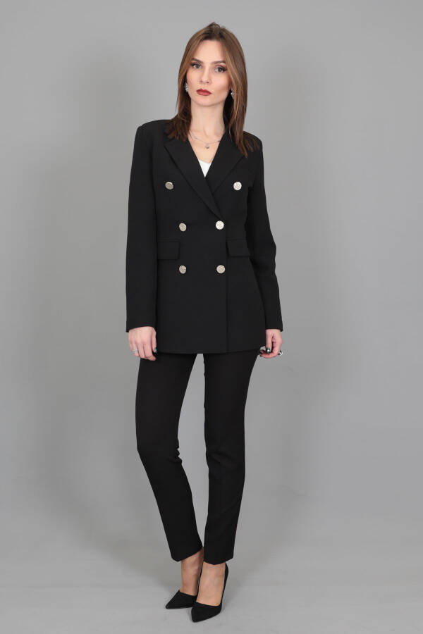 Blazer Jacket & Wide Leg Trousers Suit - Black - 20