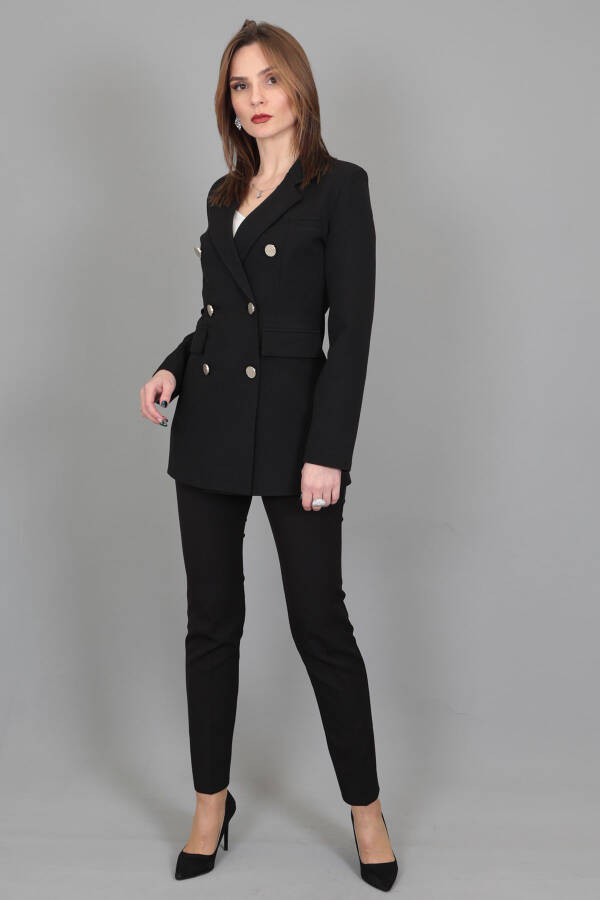 Blazer Jacket & Wide Leg Trousers Suit - Black - 21