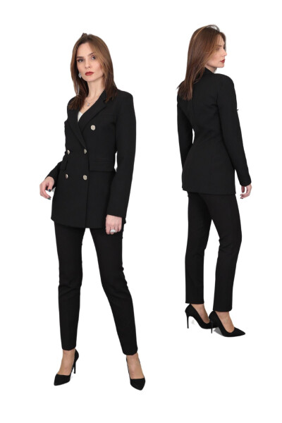 Blazer Jacket & Wide Leg Trousers Suit - Black - 13