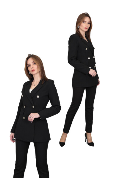 Blazer Jacket & Wide Leg Trousers Suit - Black - 14