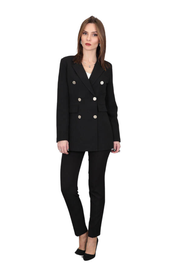 Blazer Jacket & Wide Leg Trousers Suit - Black - 15