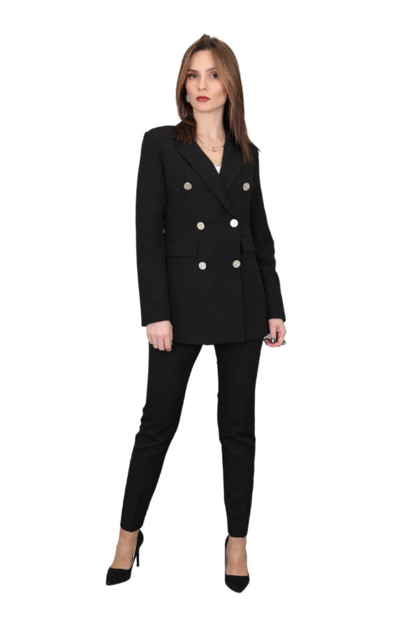 Blazer Jacket & Wide Leg Trousers Suit - Black - 17