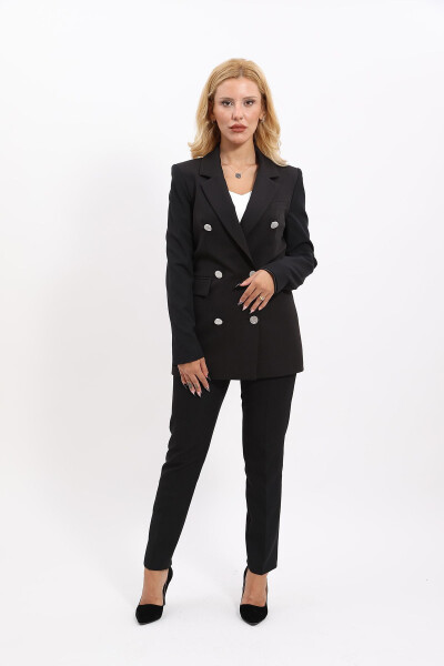 Blazer Jacket & Wide Leg Trousers Suit - Black - 7