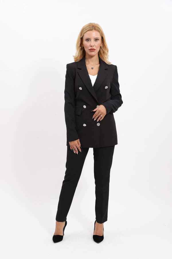 Blazer Jacket & Wide Leg Trousers Suit - Black - 7