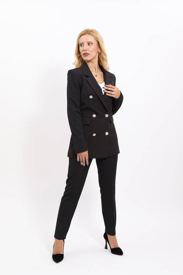 Blazer Jacket & Wide Leg Trousers Suit - Black - 10