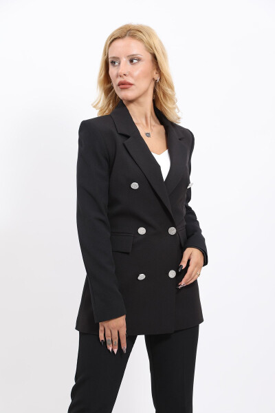 Blazer Jacket & Wide Leg Trousers Suit - Black - 11