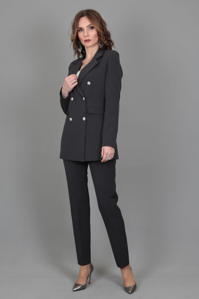 Blazer Jacket & Wide Leg Trousers Suit - Charcoal - 26