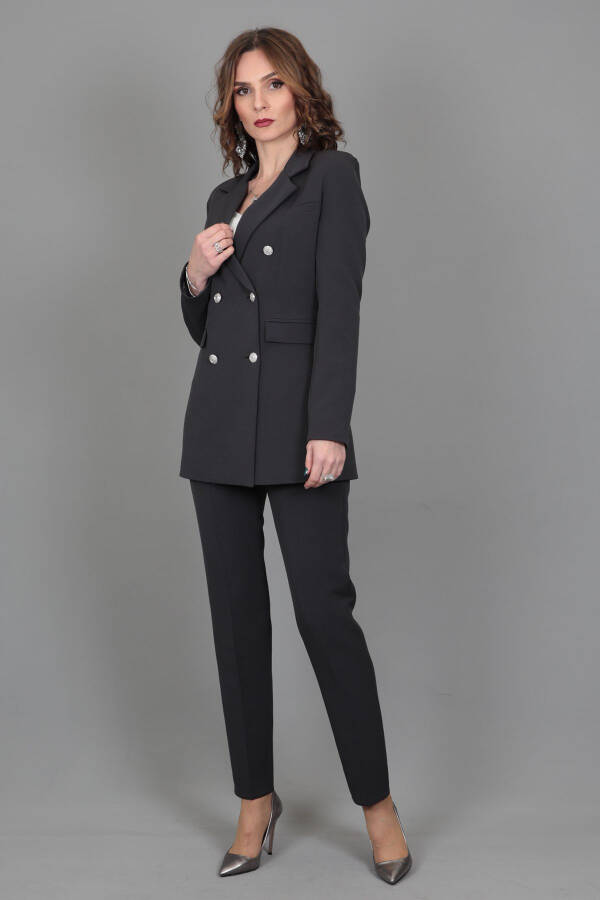 Blazer Jacket & Wide Leg Trousers Suit - Charcoal - 26