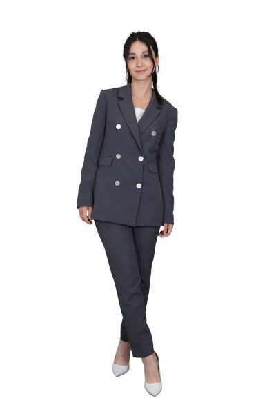 Blazer Jacket & Wide Leg Trousers Suit - Charcoal - 15