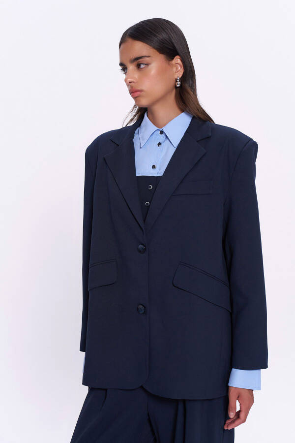 Blazer Jacket with Number and Text Print on the Back, Navy Blue - 6