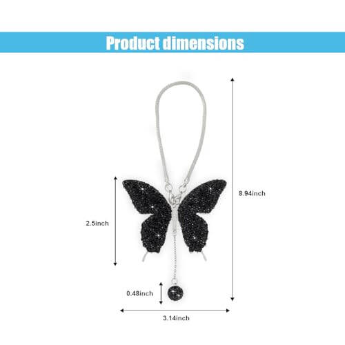 Bling Butterfly Diamond Car Hanging Accessories, Crystal Car Rear View Mirror Charms Car Decorative Accessories for Women, Lucky Presents Hanging Ornament Pendant Decor for All Cars (Black) - 2