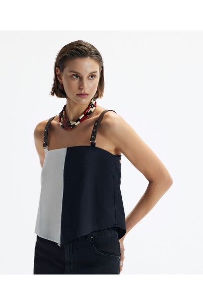 Block Color Leather Strapless Blouse - 2