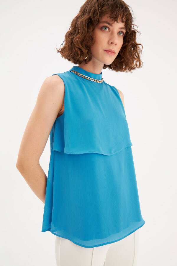 Blouse with Accessory Details and Ruffles - Blue - 2