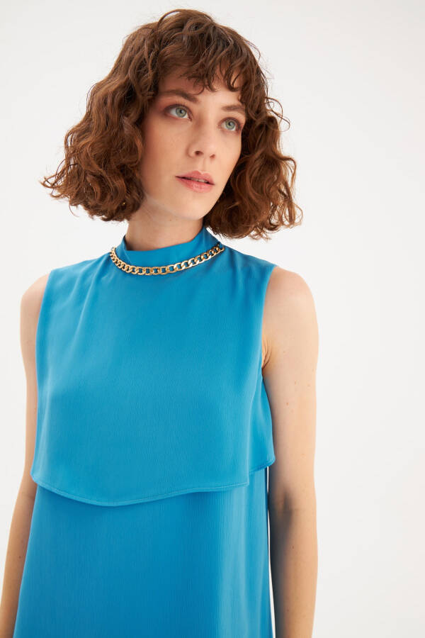 Blouse with Accessory Details and Ruffles - Blue - 4