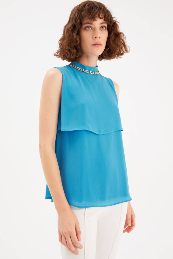 Blouse with Accessory Details and Ruffles - Blue - 5