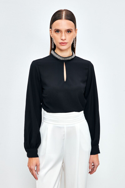 Blouse with Collar Accessory - BLACK - 2