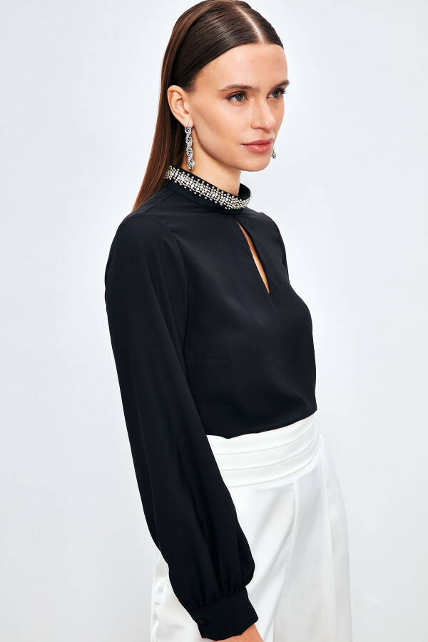 Blouse with Collar Accessory - BLACK - 4