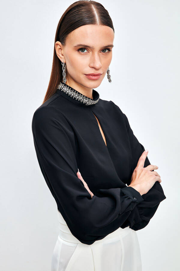 Blouse with Collar Accessory - BLACK - 5