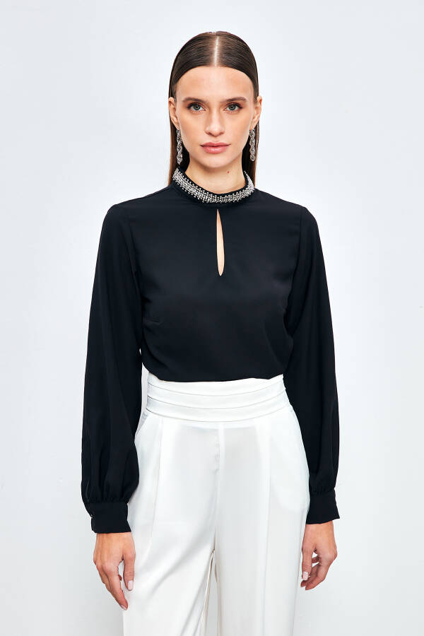 Blouse with Collar Accessory - BLACK - 8