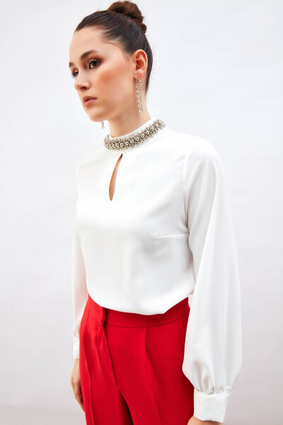 Blouse with Collar Accessory - Ecru - 8