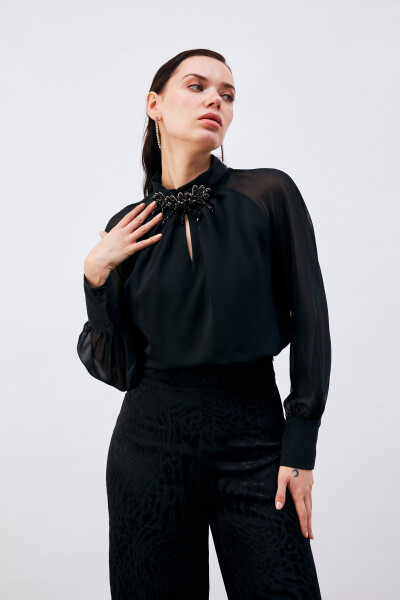 Blouse with Neck Accessory - Black - 1