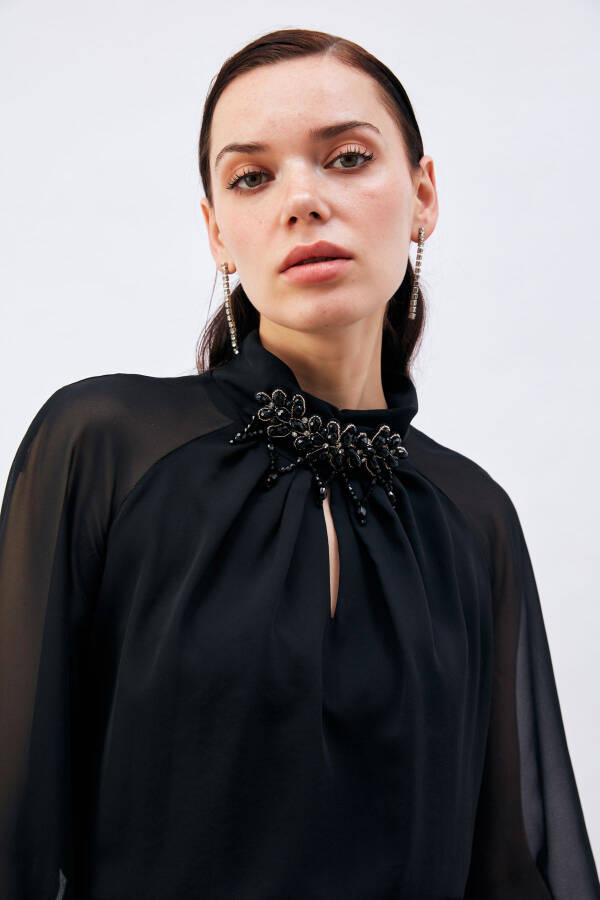 Blouse with Neck Accessory - Black - 2