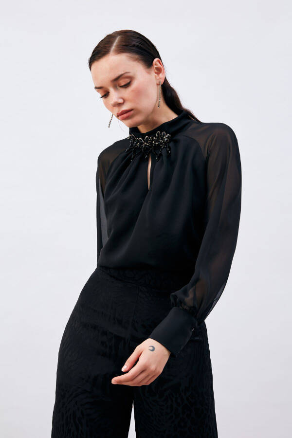 Blouse with Neck Accessory - Black - 3