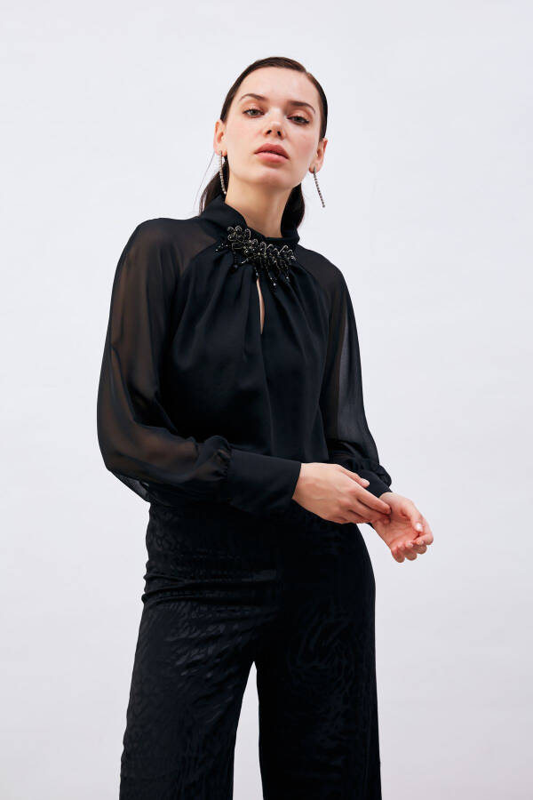 Blouse with Neck Accessory - Black - 4