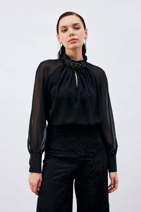 Blouse with Neck Accessory - Black - 5