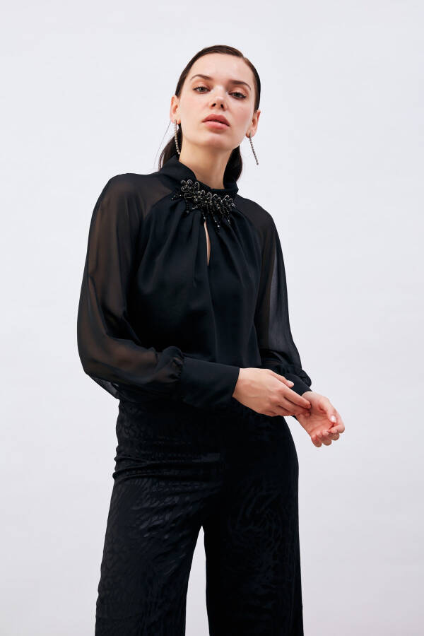 Blouse with Neck Accessory - Black - 10